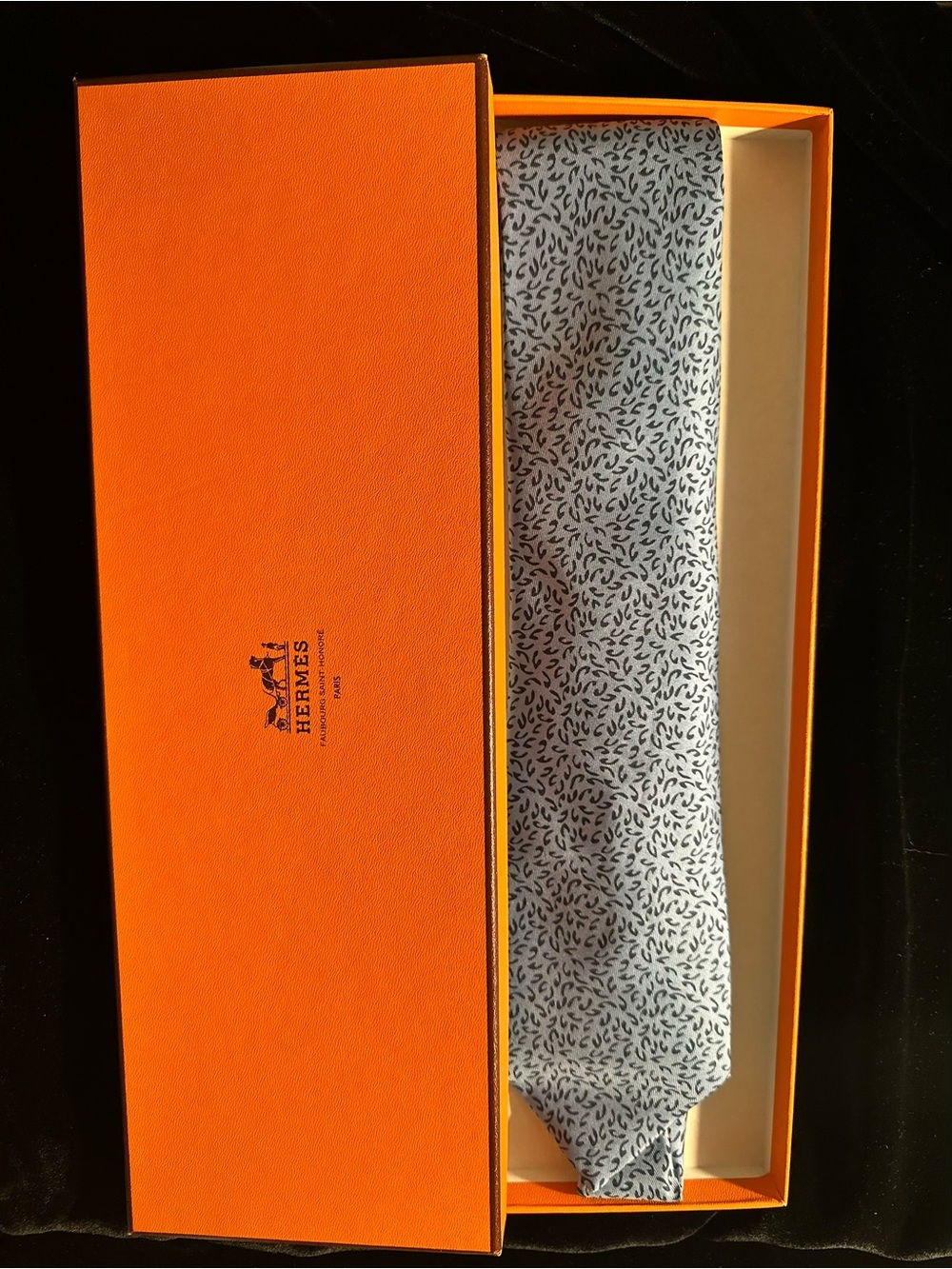 Hermes Light Blue Silk Tie with Dark Wave Motif